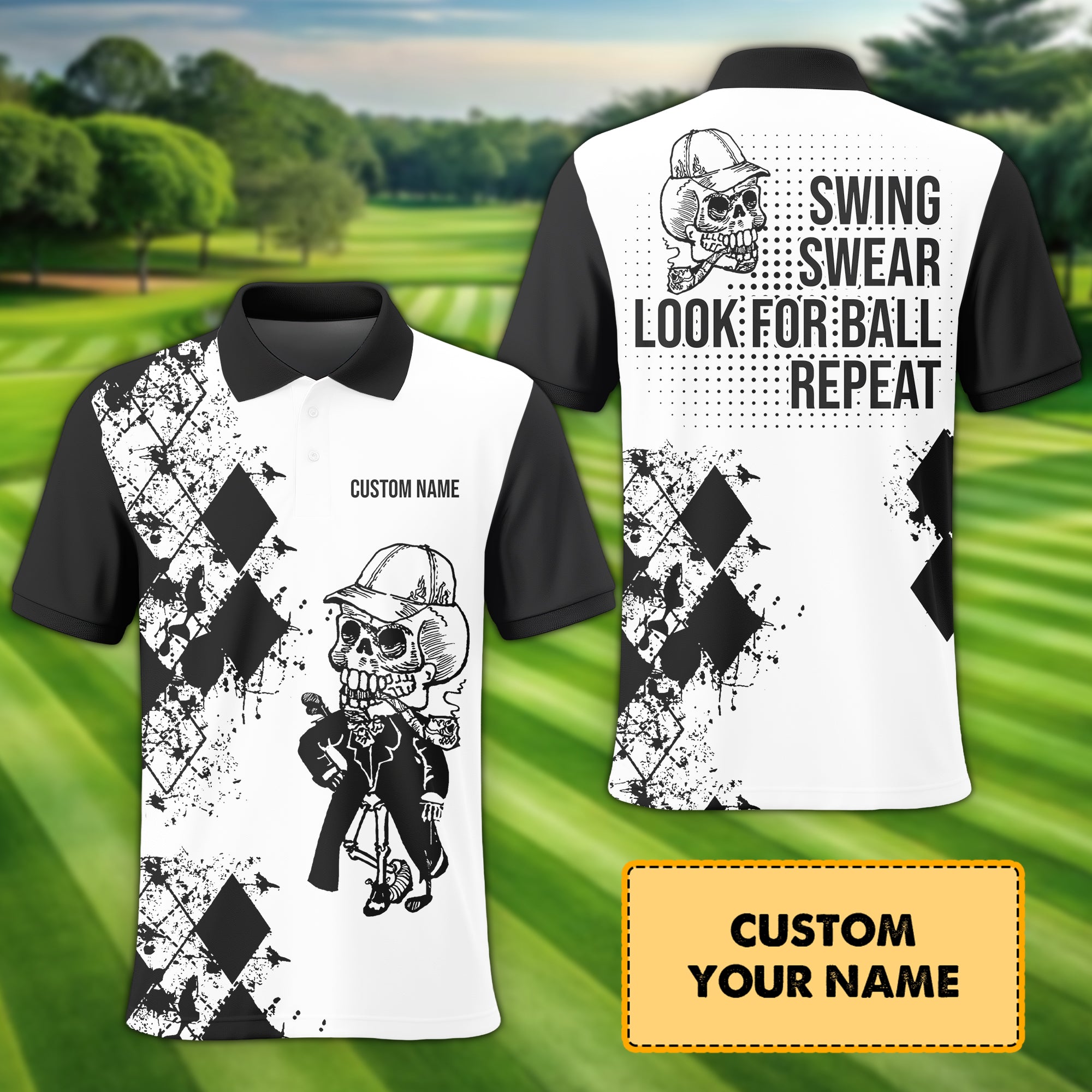 Swing Swear Repeat Skull Golf Shirt, Custom Name Polo Shirt, Present For Golfer