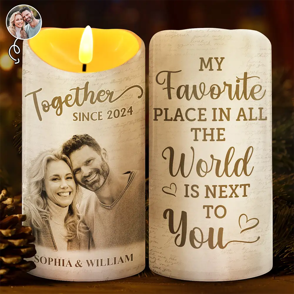 My Favorite Place In The World Is Next To You Flameless LED Candle, Custom Photo Candle, Couple Valentine Gift