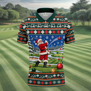 Santa Swing Fair Isle Christmas Golf Shirt, Mens Golf Shirts, Funny Mens Golf Shirts