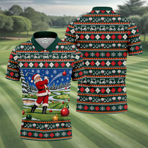 Santa Swing Fair Isle Christmas Golf Shirt, Mens Golf Shirts, Funny Mens Golf Shirts