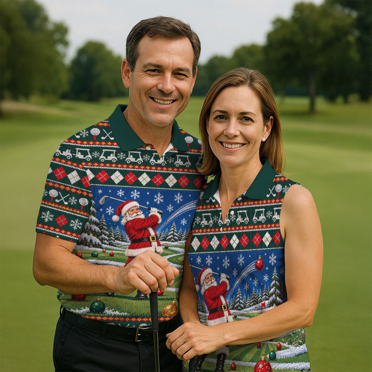 Santa Swing Fair Isle Christmas Golf Shirt, Mens Golf Shirts, Funny Mens Golf Shirts