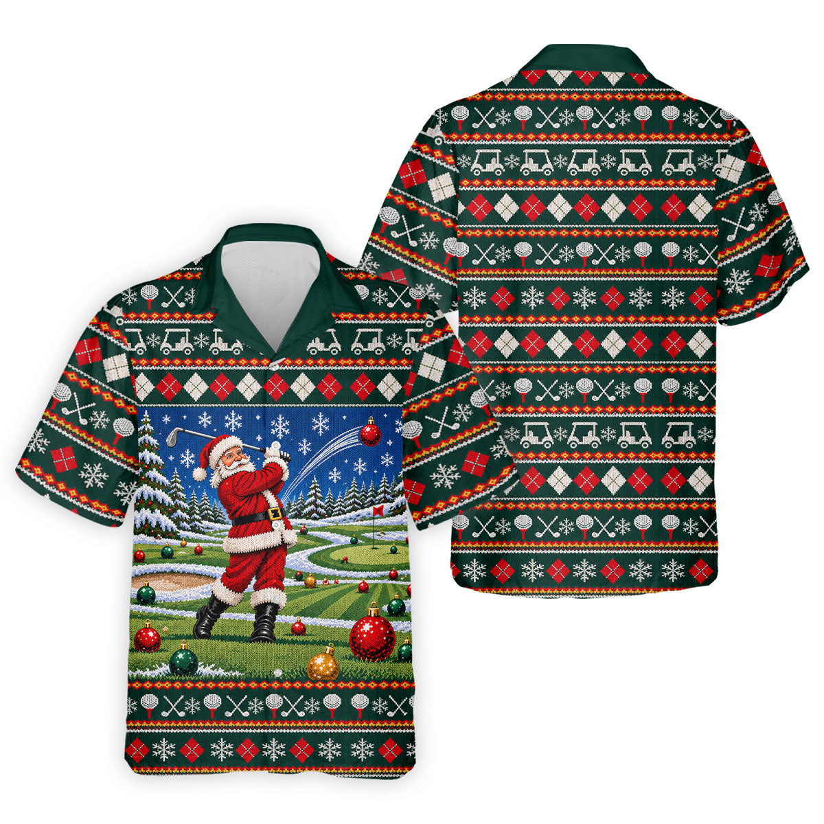 Santa Swing Fair Isle Christmas Golf Shirt, Mens Golf Shirts, Funny Mens Golf Shirts