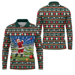 Santa Swing Fair Isle Christmas Golf Shirt, Mens Golf Shirts, Funny Mens Golf Shirts