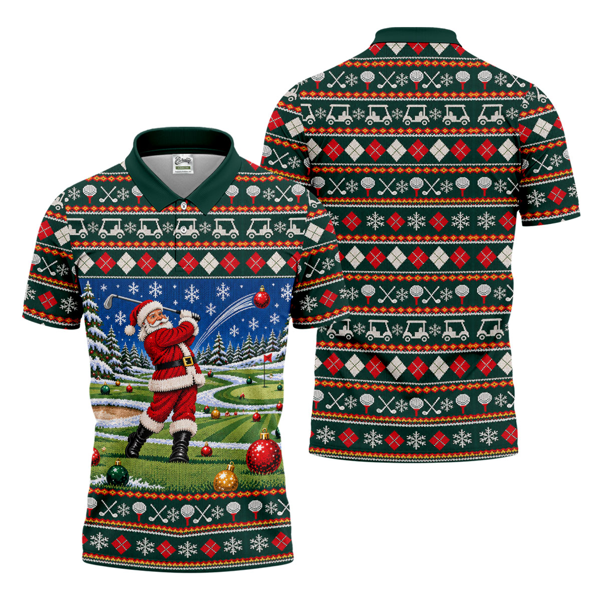 Santa Swing Fair Isle Christmas Golf Shirt, Mens Golf Shirts, Funny Mens Golf Shirts