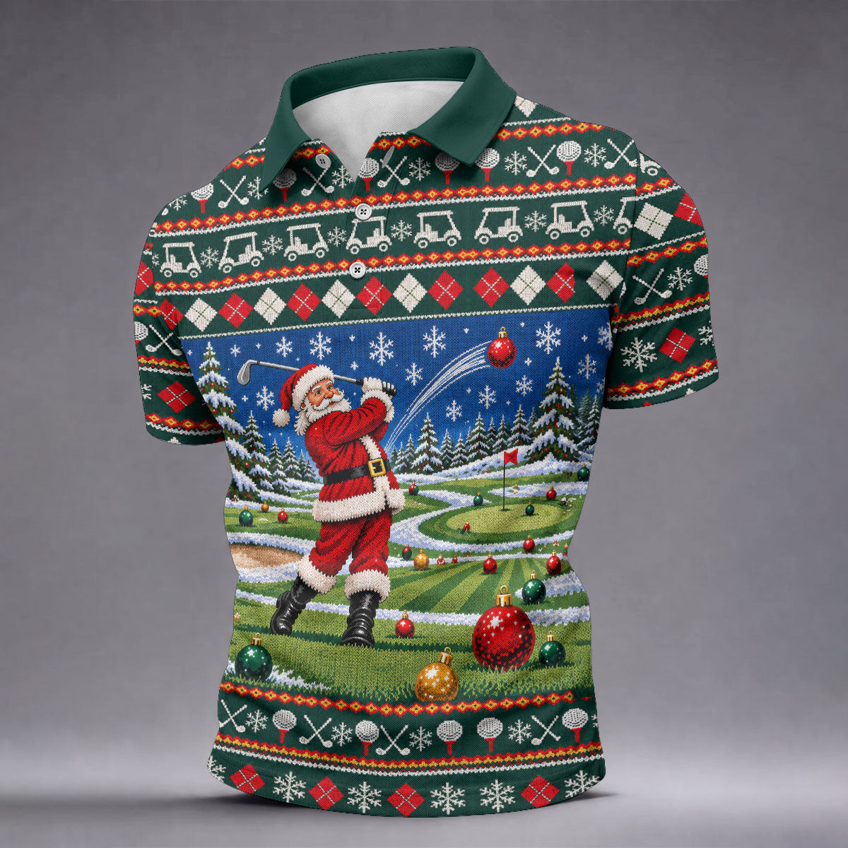 Santa Swing Fair Isle Christmas Golf Shirt, Mens Golf Shirts, Funny Mens Golf Shirts