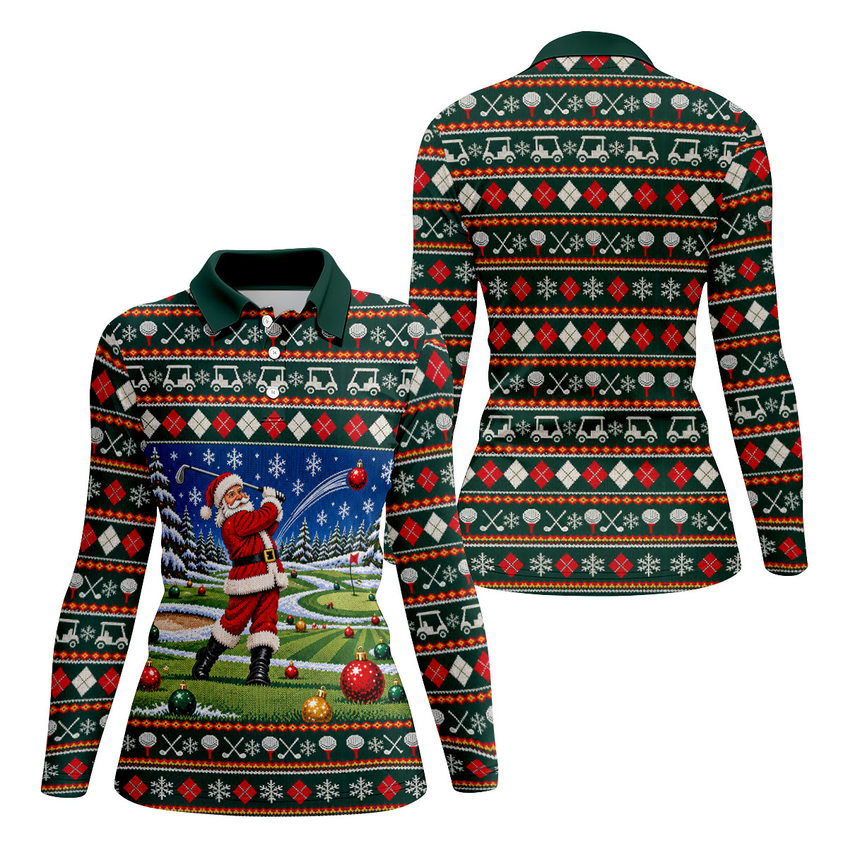 Santa Swing Fair Isle Christmas Golf Shirt, Ladies Golf Shirts, Golf Shirts For Women