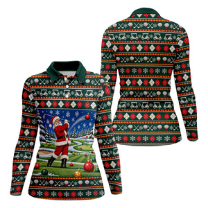 Santa Swing Fair Isle Christmas Golf Shirt, Ladies Golf Shirts, Golf Shirts For Women