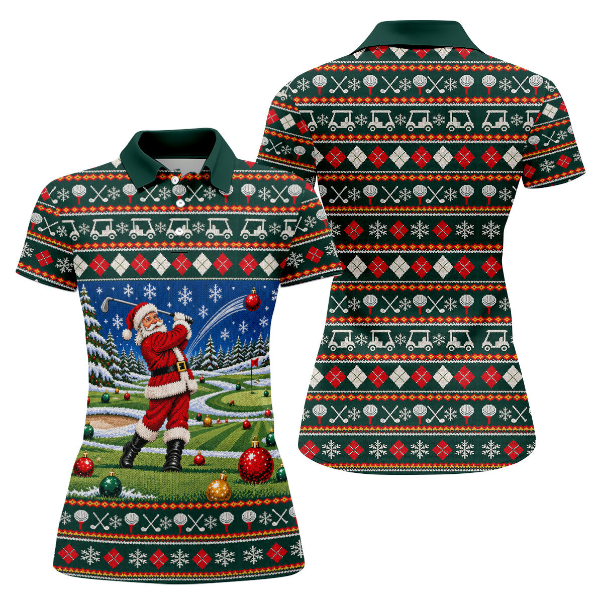 Santa Swing Fair Isle Christmas Golf Shirt, Ladies Golf Shirts, Golf Shirts For Women