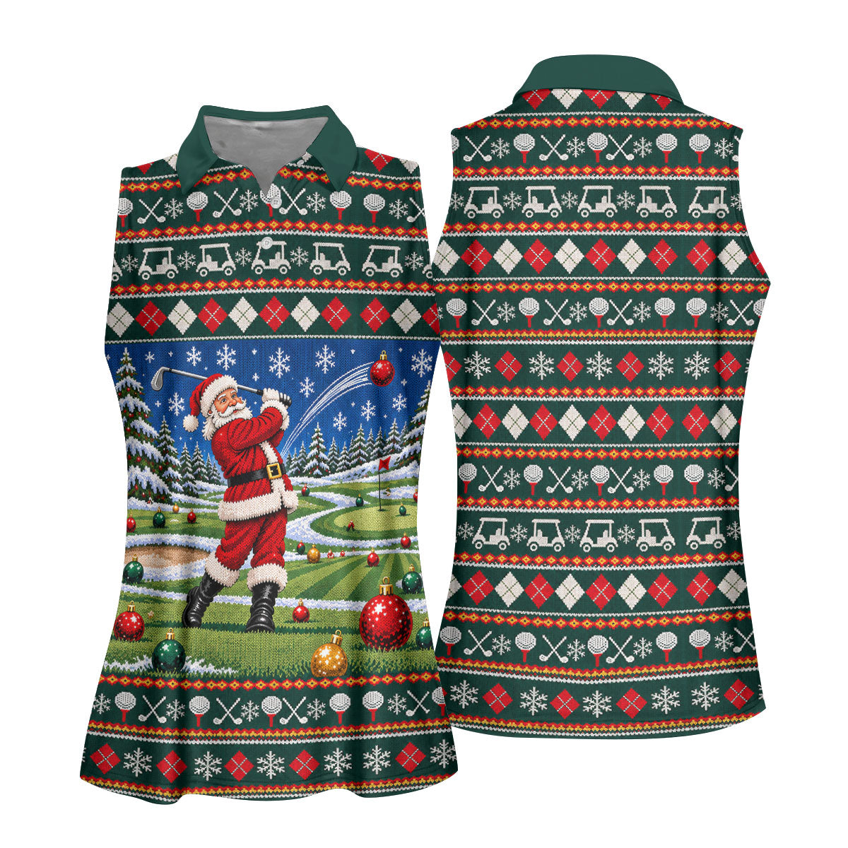 Santa Swing Fair Isle Christmas Golf Shirt, Ladies Golf Shirts, Golf Shirts For Women
