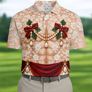 White Lace Pearls Christmas Golf Shirt, Funny Mens Golf Shirts, Golf Shirts For Men