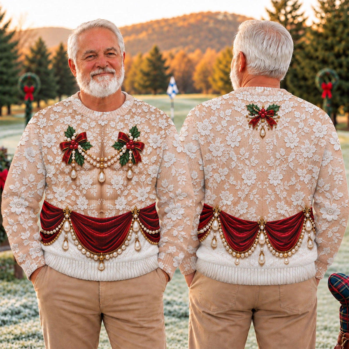 White Lace Pearls Ugly Christmas Sweater, Christmas Party Outfit, Funny Xmas Gift
