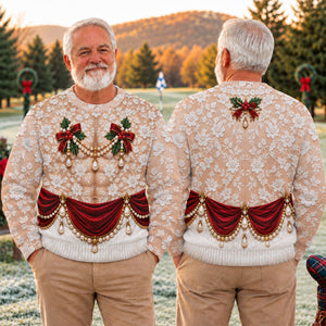 White Lace Pearls Ugly Christmas Sweater, Christmas Party Outfit, Funny Xmas Gift