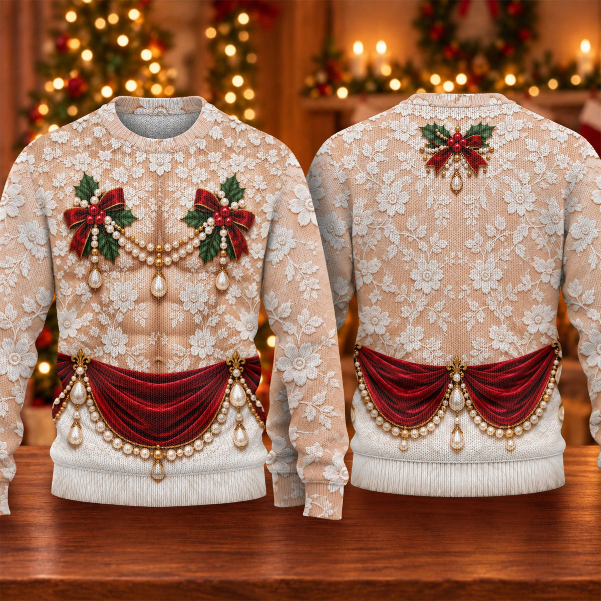 White Lace Pearls Ugly Christmas Sweater, Christmas Party Outfit, Funny Xmas Gift