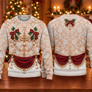 White Lace Pearls Ugly Christmas Sweater, Christmas Party Outfit, Funny Xmas Gift