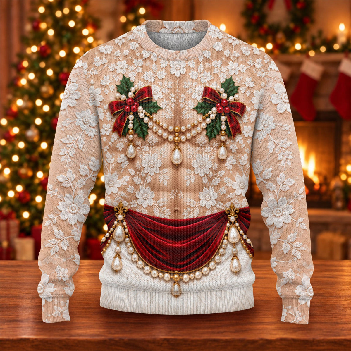 White Lace Pearls Ugly Christmas Sweater, Christmas Party Outfit, Funny Xmas Gift