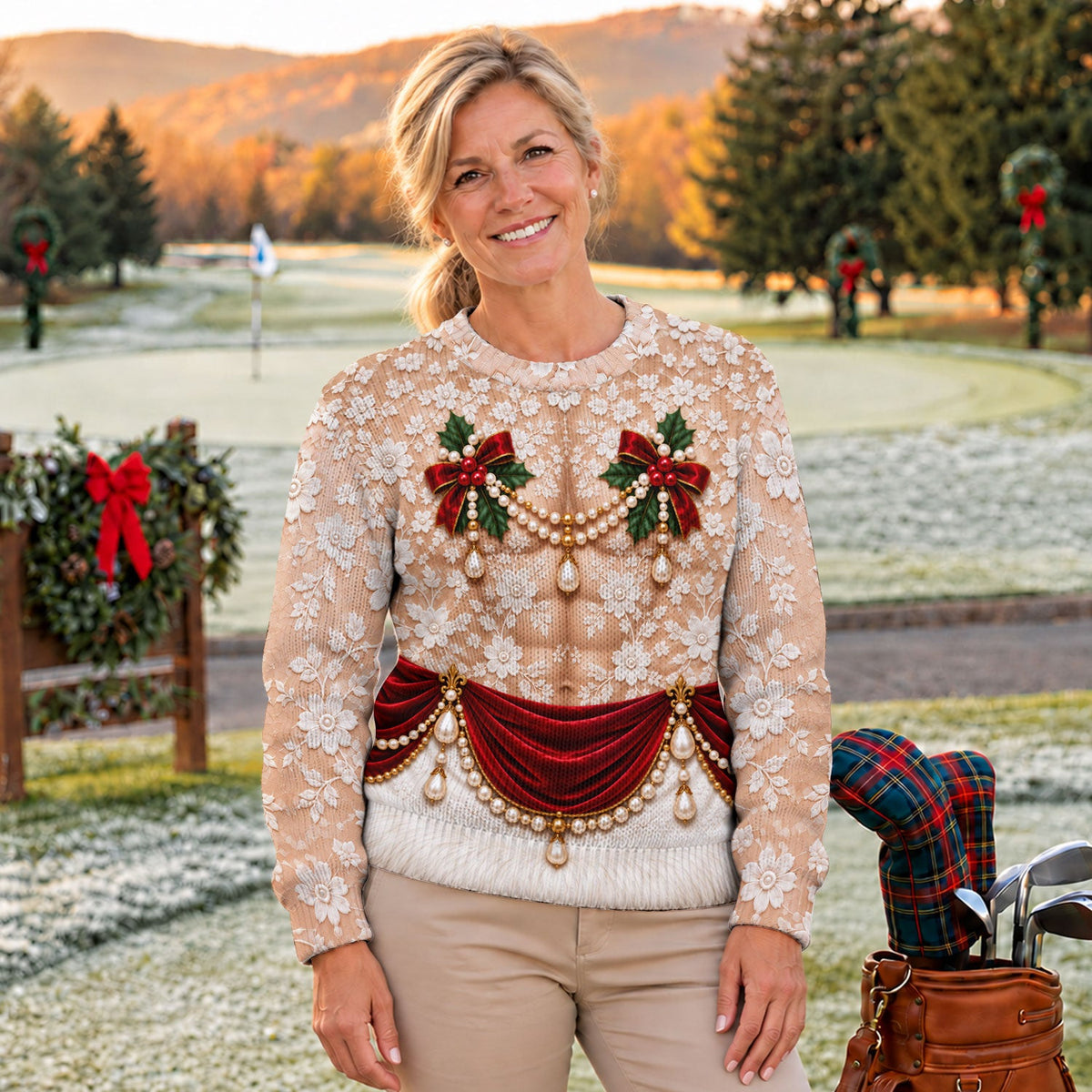 White Lace Pearls Ugly Christmas Sweater, Christmas Party Outfit, Funny Xmas Gift