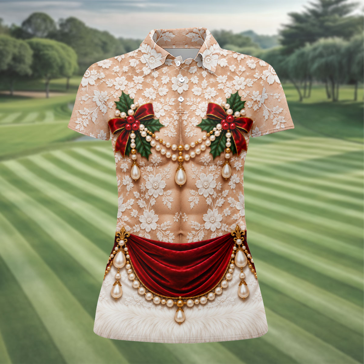 White Lace Pearls Christmas Golf Shirt, Golf Shirts For Women, Womens Golf Clothing