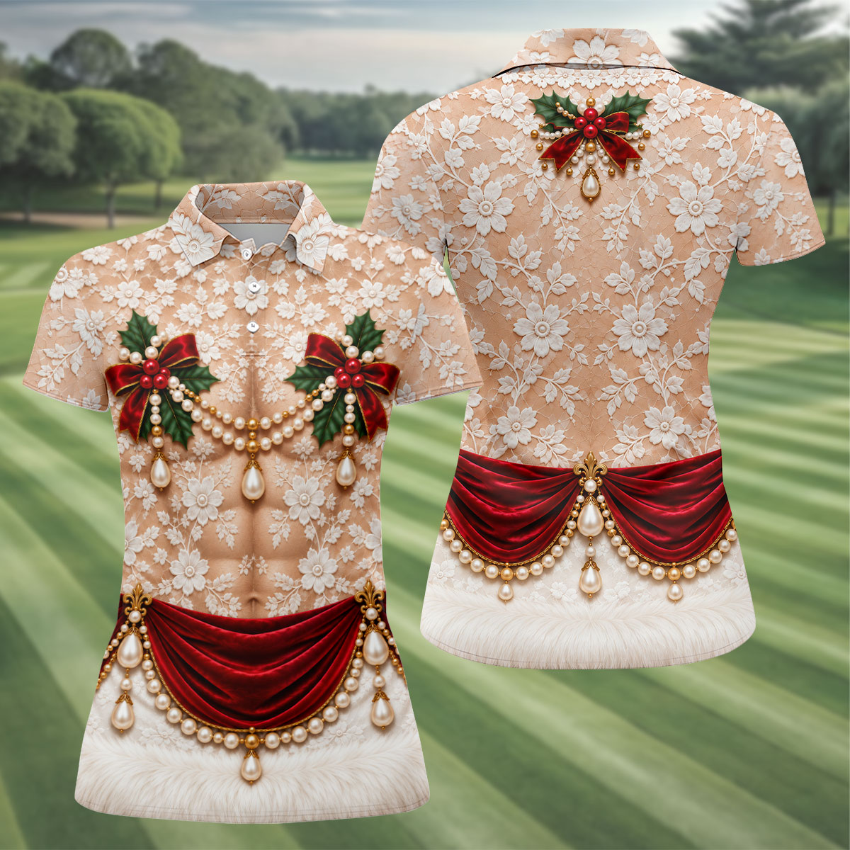 White Lace Pearls Christmas Golf Shirt, Golf Shirts For Women, Womens Golf Clothing