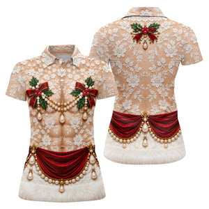 White Lace Pearls Christmas Golf Shirt, Golf Shirts For Women, Womens Golf Clothing