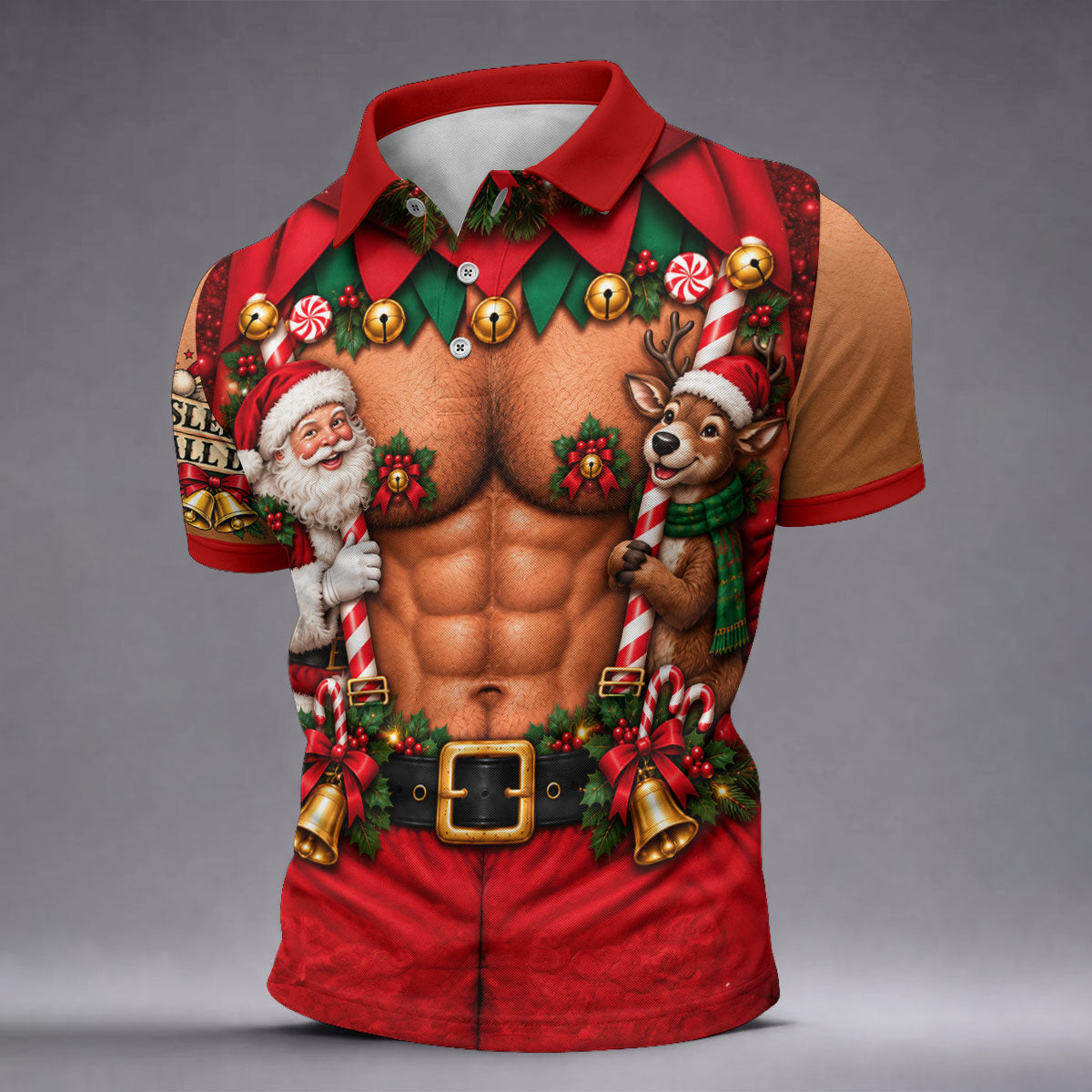 Sleigh All Day Muscle Santa Christmas Golf Shirt, Mens Golf Apparel, Mens Golf Polo
