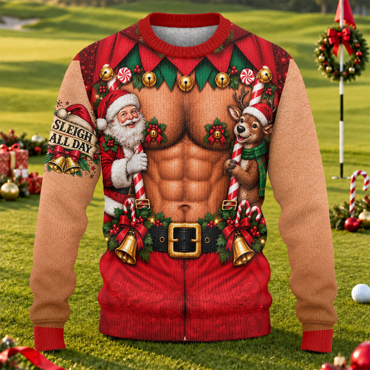 Sleigh All Day Muscle Ugly Christmas Sweater, Golf Lover Gifts, Ugly Sweater Party