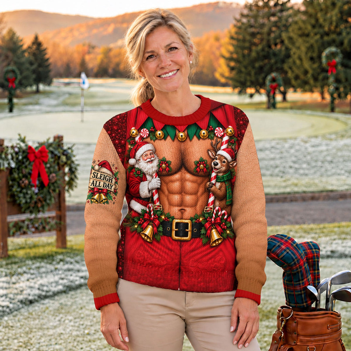 Sleigh All Day Muscle Ugly Christmas Sweater, Golf Lover Gifts, Ugly Sweater Party