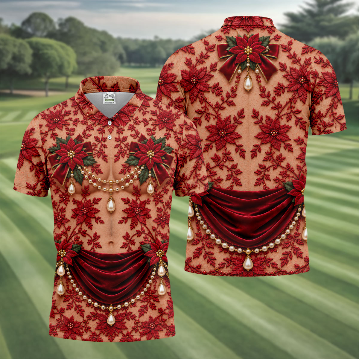 Red Poinsettia Lace Pearls Christmas Golf Shirt, Golf Polo For Men, Mens Golf Polo