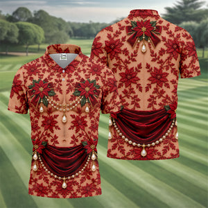 Red Poinsettia Lace Pearls Christmas Golf Shirt, Golf Polo For Men, Mens Golf Polo