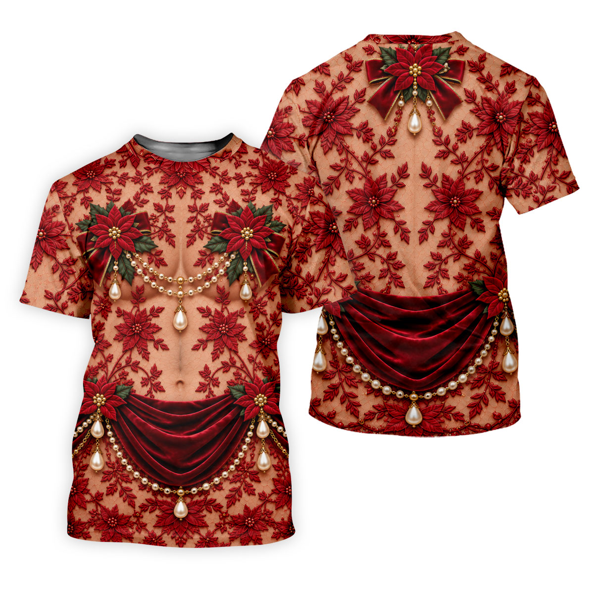 Red Poinsettia Lace Pearls Christmas Golf Shirt, Golf Polo For Men, Mens Golf Polo