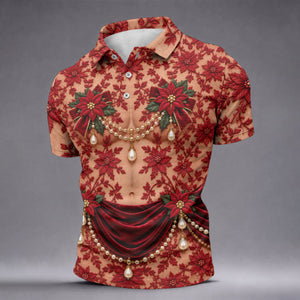 Red Poinsettia Lace Pearls Christmas Golf Shirt, Golf Polo For Men, Mens Golf Polo