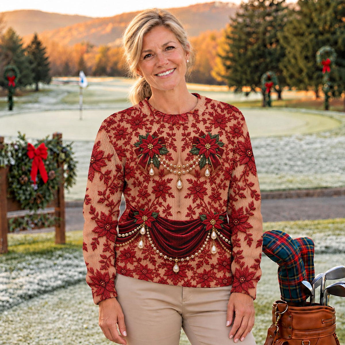 Red Poinsettia Pearls Ugly Christmas Sweater, Christmas Gifts, Christmas Golf Gift