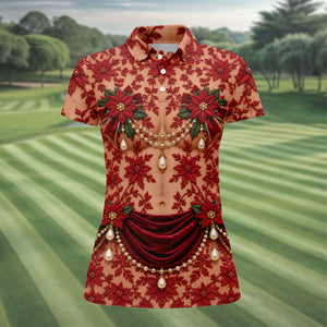 Red Poinsettia Pearls Christmas Golf Shirt, Golf Shirts For Women, Ladies Golf Tops