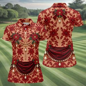 Red Poinsettia Pearls Christmas Golf Shirt, Golf Shirts For Women, Ladies Golf Tops
