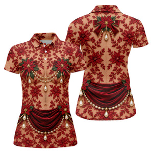 Red Poinsettia Pearls Christmas Golf Shirt, Golf Shirts For Women, Ladies Golf Tops