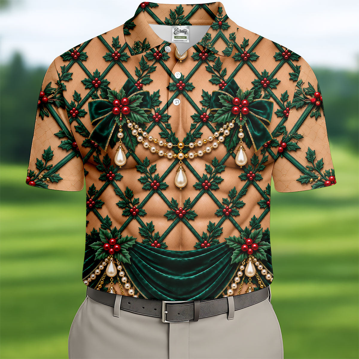 Green Holly Pearls Christmas Golf Shirt, Funny Mens Golf Shirts, Mens Golf Clothing
