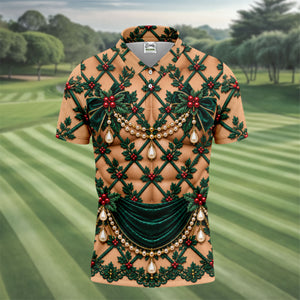 Green Holly Pearls Christmas Golf Shirt, Funny Mens Golf Shirts, Mens Golf Clothing
