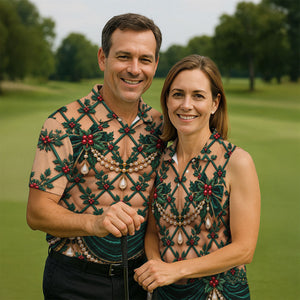 Green Holly Pearls Christmas Golf Shirt, Funny Mens Golf Shirts, Mens Golf Clothing