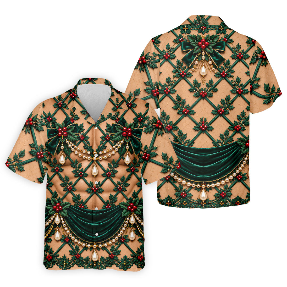Green Holly Pearls Christmas Golf Shirt, Funny Mens Golf Shirts, Mens Golf Clothing