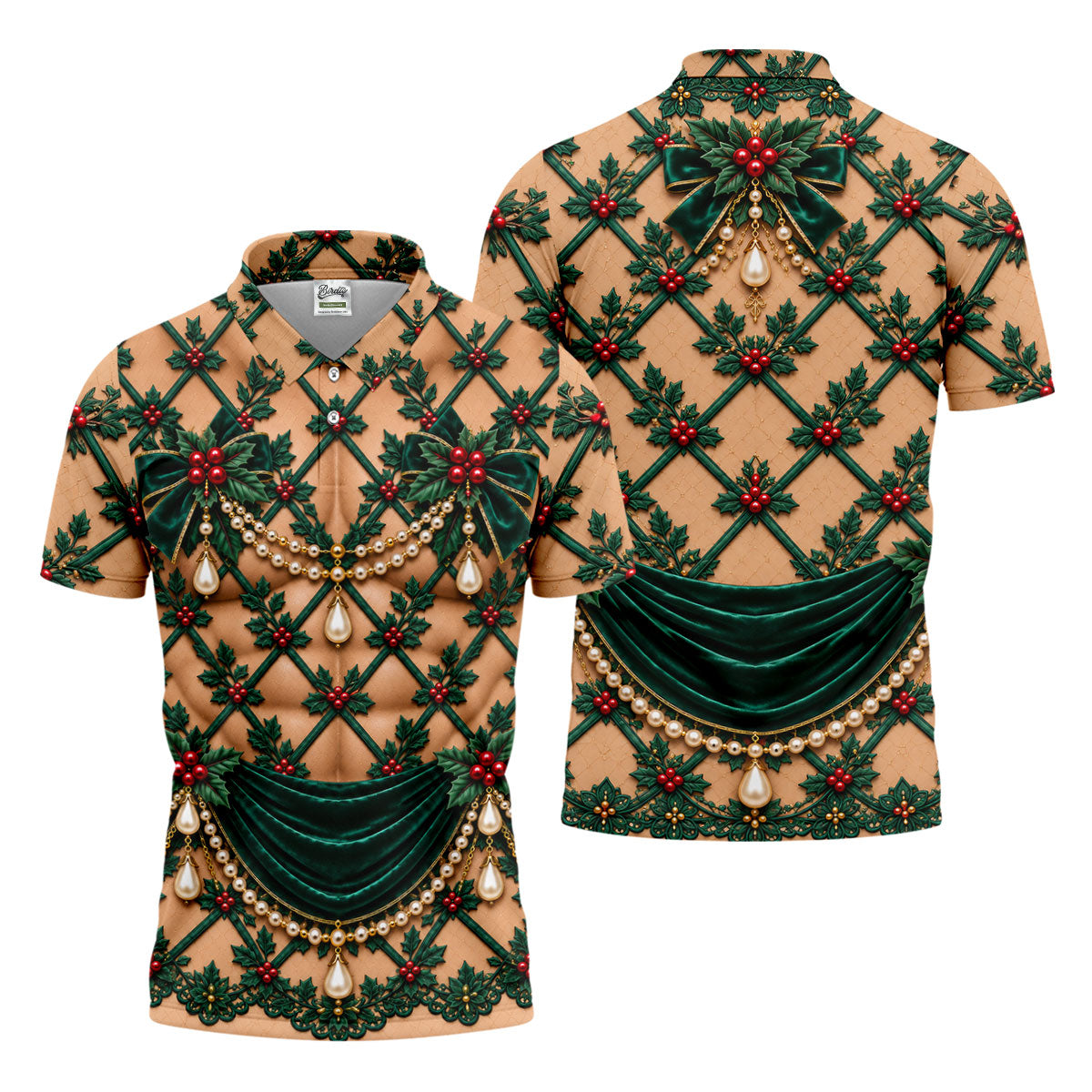 Green Holly Pearls Christmas Golf Shirt, Funny Mens Golf Shirts, Mens Golf Clothing