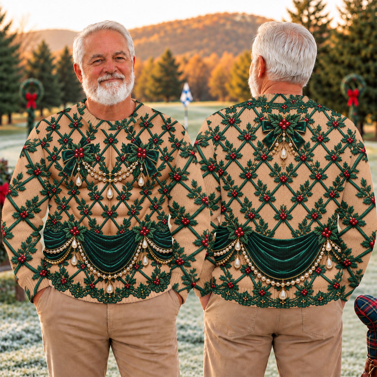 Green Holly Pearls Ugly Christmas Sweater, Christmas Golf Gift, Ugly Sweater Party