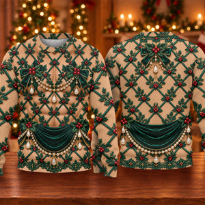 Green Holly Pearls Ugly Christmas Sweater, Christmas Golf Gift, Ugly Sweater Party