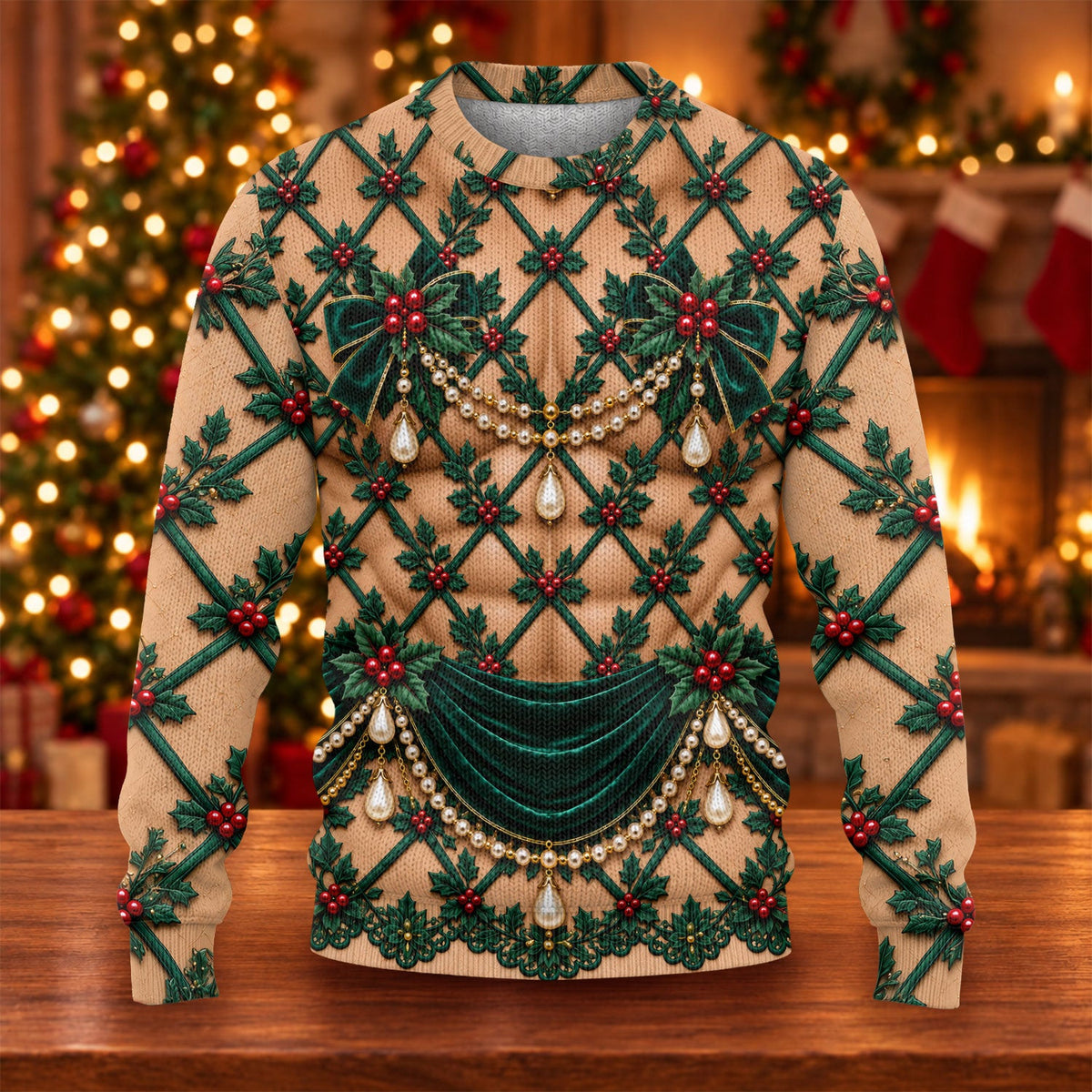 Green Holly Pearls Ugly Christmas Sweater, Christmas Golf Gift, Ugly Sweater Party