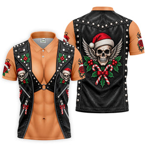 Santa Skull Biker Vest Christmas Golf Shirt, Mens Golf Apparel, Mens Golf Clothing