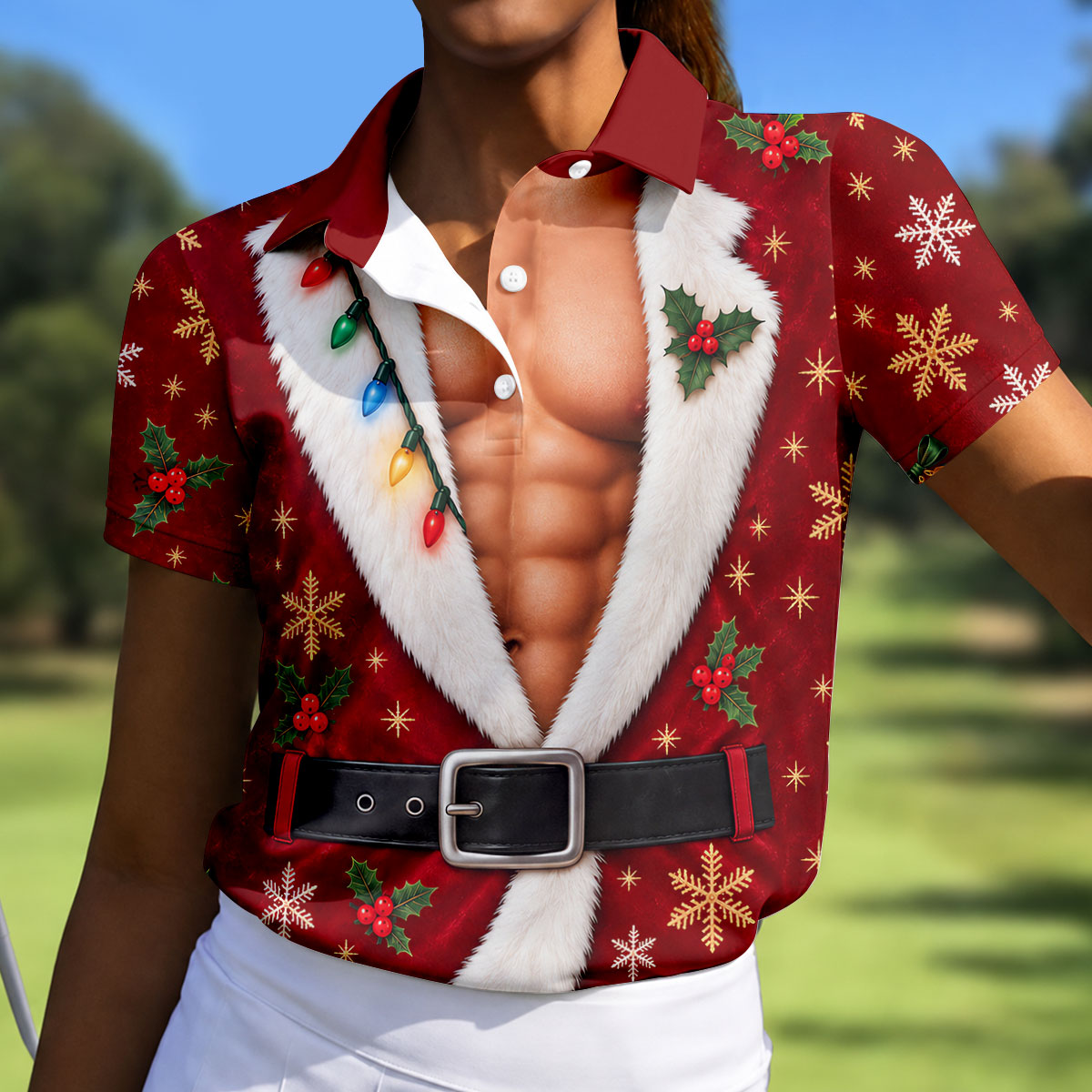 Red Muscle Santa Robe Christmas Golf Shirt, Golf Gifts For Women, Womens Golf Tops