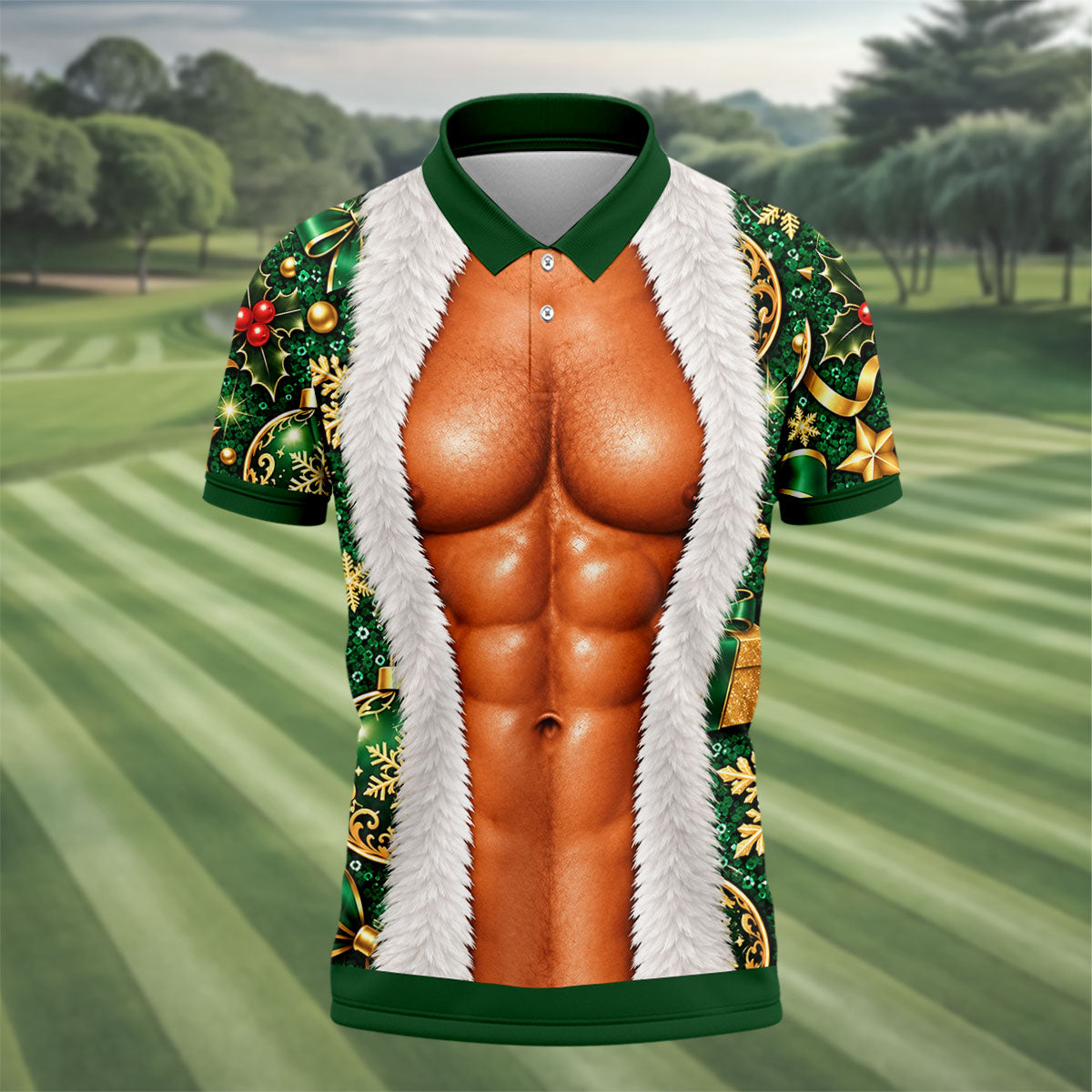 Green Muscle Santa Christmas Golf Shirt, Funny Mens Golf Shirts, Golf Gifts For Men