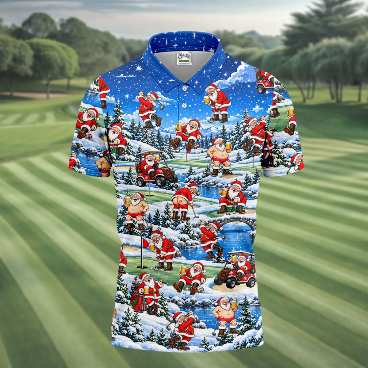 Snowy Santa Golf Pattern Christmas Golf Shirt, Funny Mens Golf Shirts, Mens Golf Polo