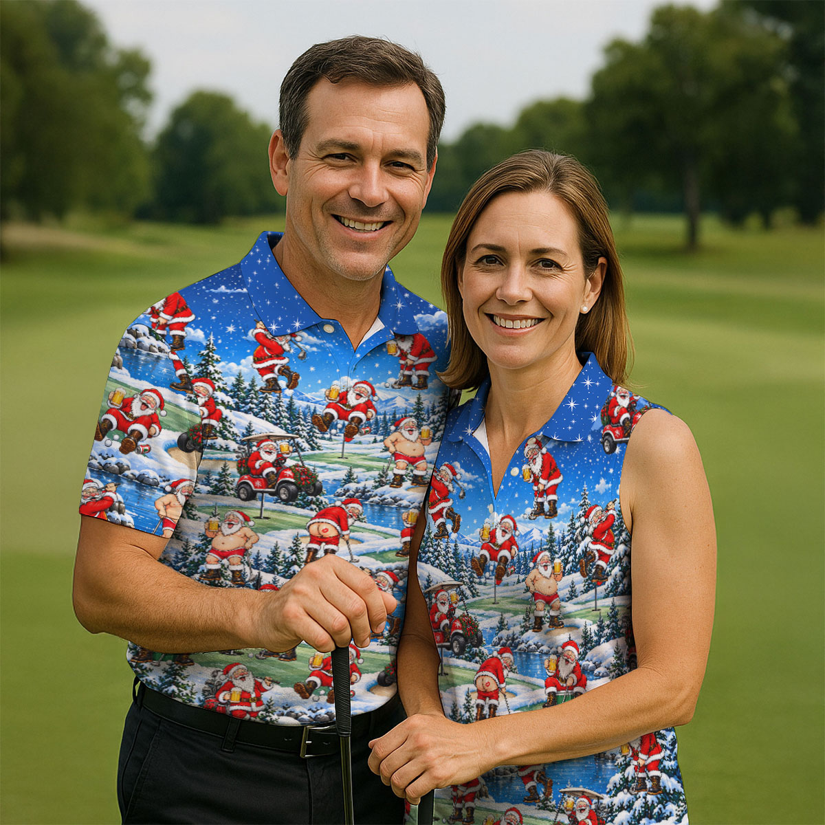 Snowy Santa Golf Pattern Christmas Golf Shirt, Funny Mens Golf Shirts, Mens Golf Polo