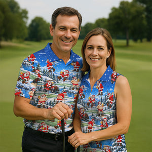 Snowy Santa Golf Pattern Christmas Golf Shirt, Funny Mens Golf Shirts, Mens Golf Polo