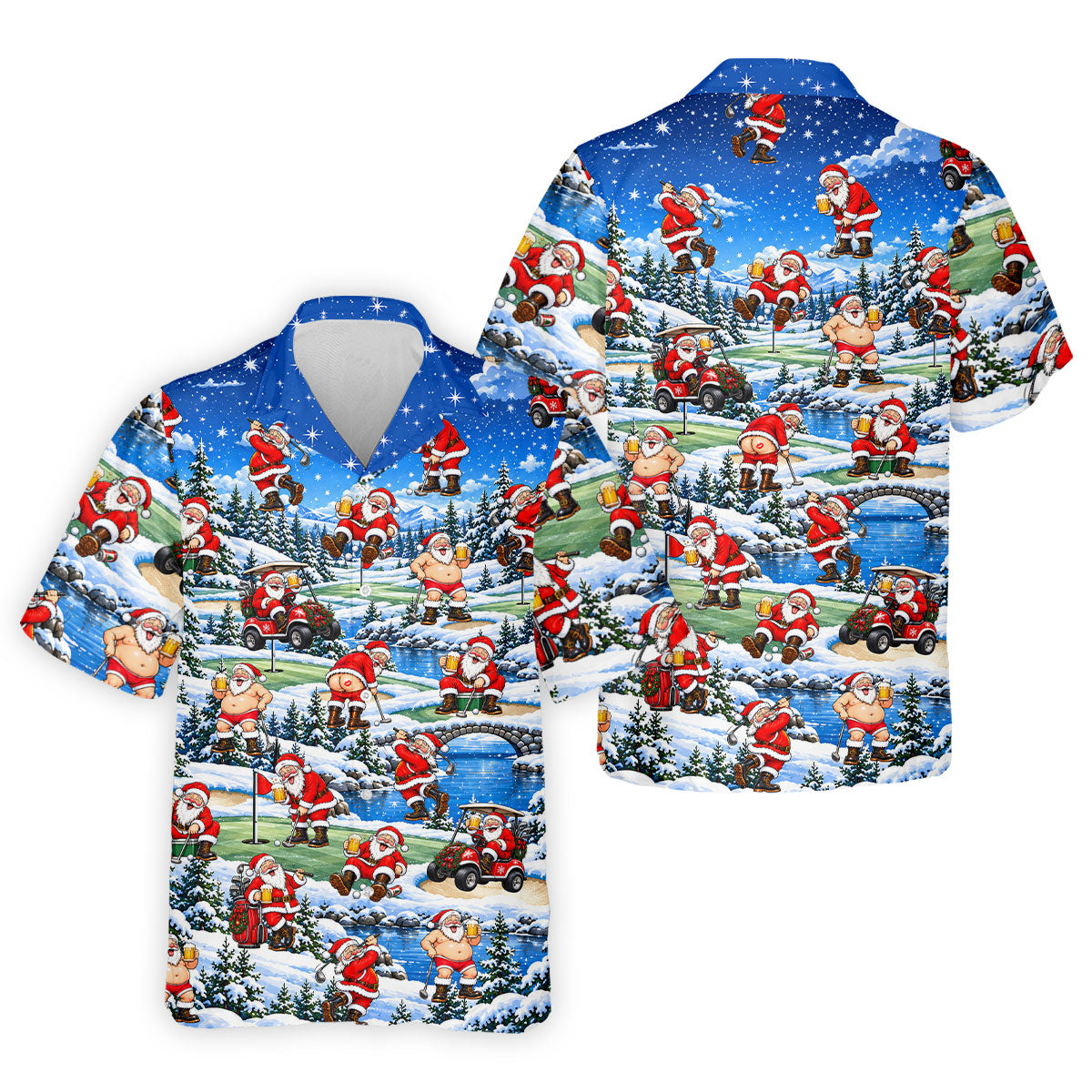 Snowy Santa Golf Pattern Christmas Golf Shirt, Funny Mens Golf Shirts, Mens Golf Polo