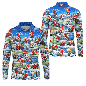 Snowy Santa Golf Pattern Christmas Golf Shirt, Funny Mens Golf Shirts, Mens Golf Polo